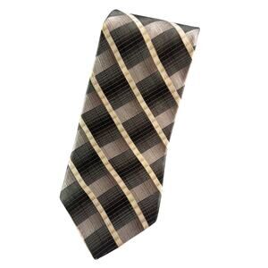 Murano Italia Mens 100% Silk Tie Gray Black Tan Plaid Check Made in USA